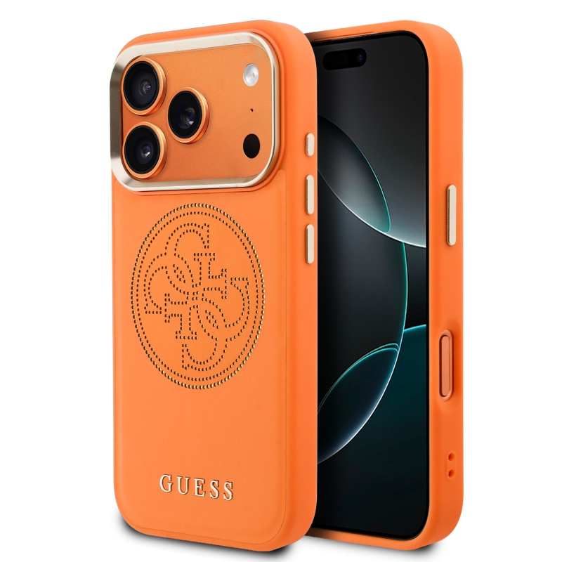 Guess PU perforovaný zadný kryt 4G pre iPhone 17 Pro Orange