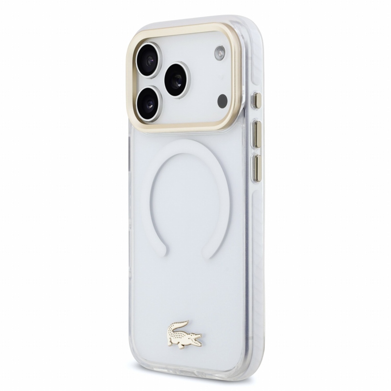 Lacoste IML Shockproof Petit Pique Gold Logo MagSafe zadný kryt pre iPhone 18 Pro, priehľadný