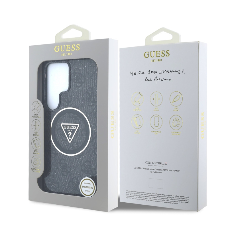 Guess IML 4G Glitter and Triangle Logo MagSafe Zadný Kryt pre Samsung Galaxy S25 Ultra Black