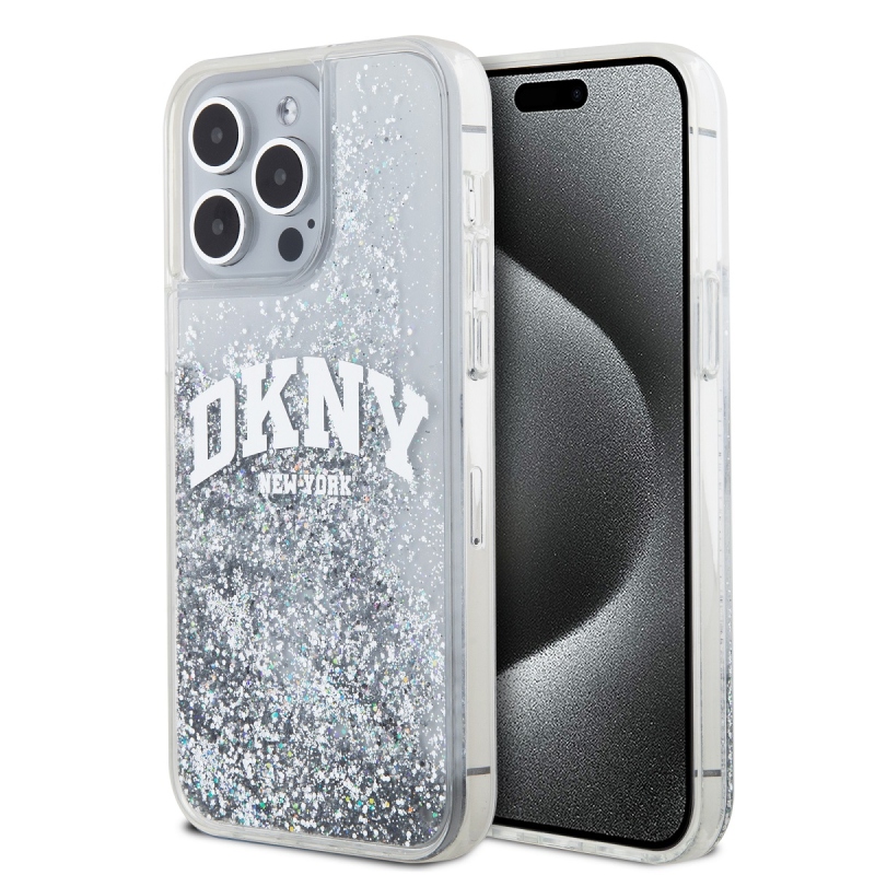 DKNY Liquid Glitter Arch Logo Zadný Kryt pre iPhone 15 Pro Max Transparent