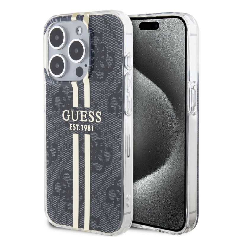 Guess IML 4G Gold Stripe Zadný Kryt pre iPhone 15 Pro Black