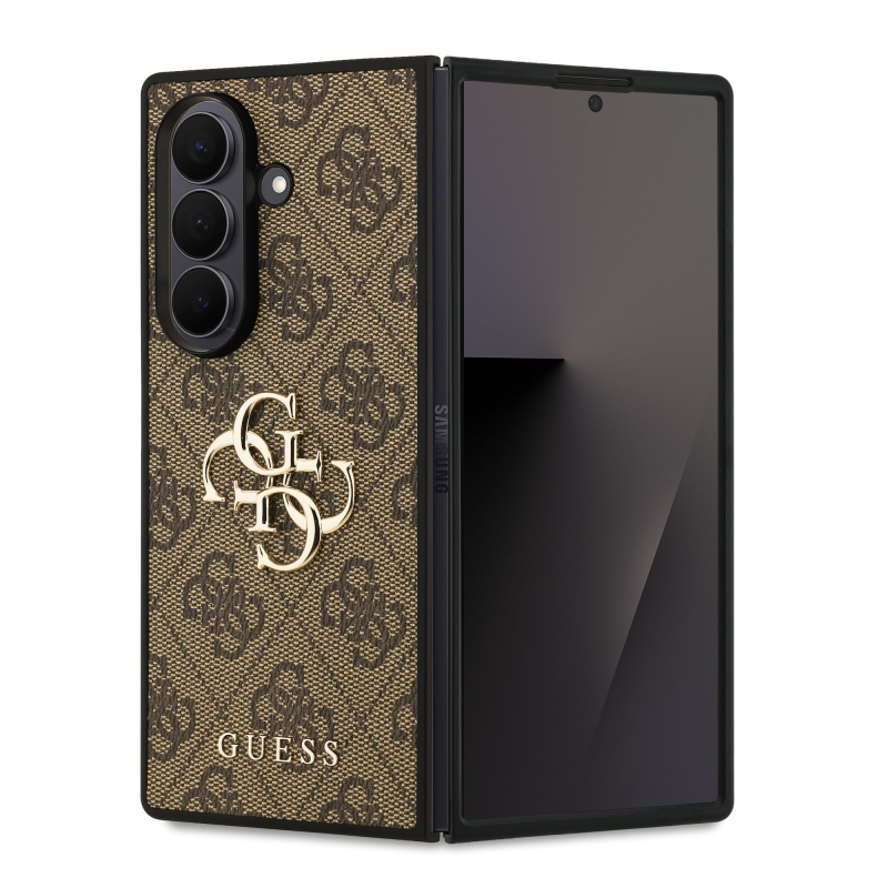 Guess PU 4G Kovový zadný kryt s logom pre Samsung Galaxy Z Fold 7 Brown