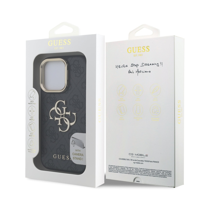 Guess PU 4G Metal Logo Stand Camera Frame Zadný Kryt pre iPhone 16 Pro Max Black