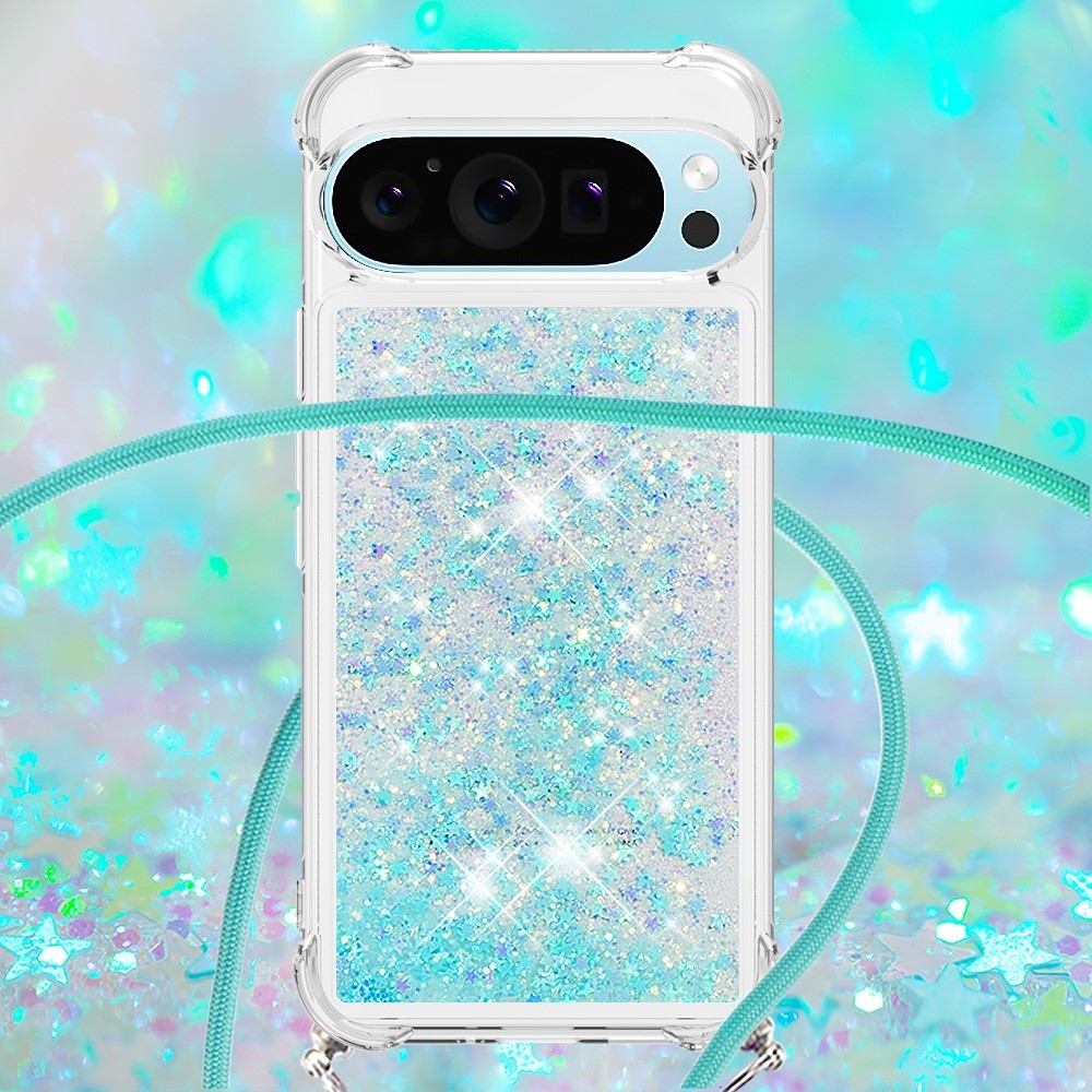Glitters presýpací gélový obal so šnúrkou na Google Pixel 10 Pro/Pixel 10 - modrý/hviezdičky