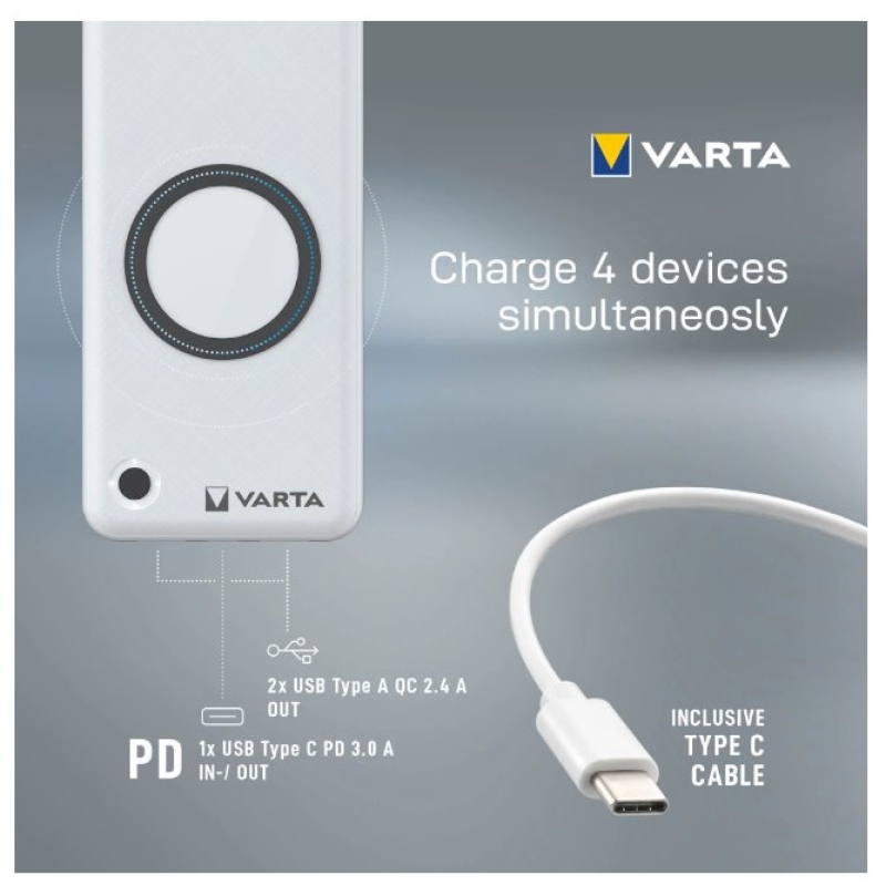 VARTA Portable Bezdrôtová Powerbanka 20000mAh Silver