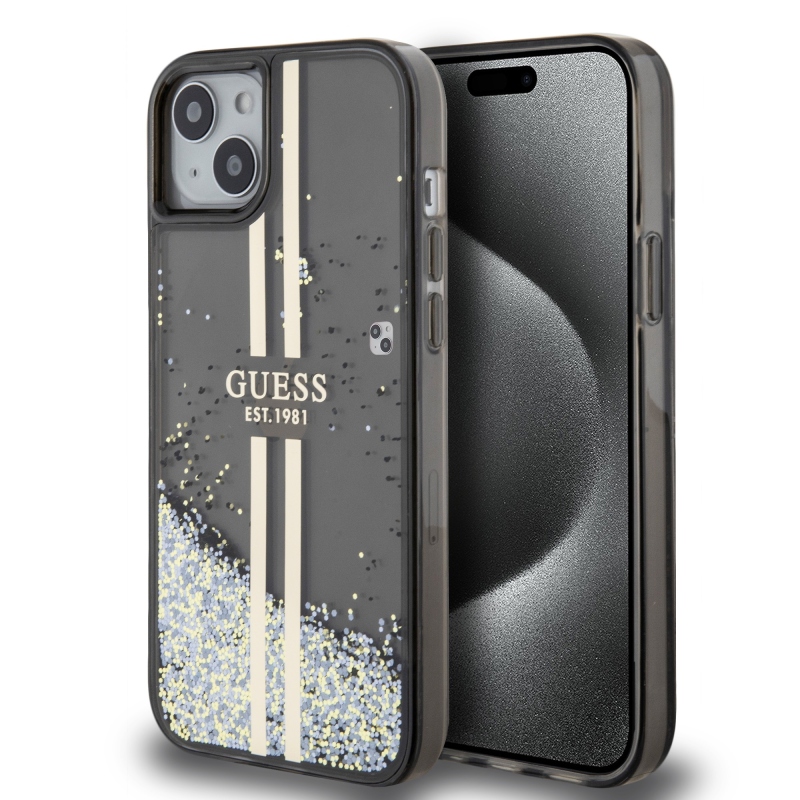 Guess PC/TPU Liquid Glitter Gold Stripe Zadný Kryt pre iPhone 15 Plus Black