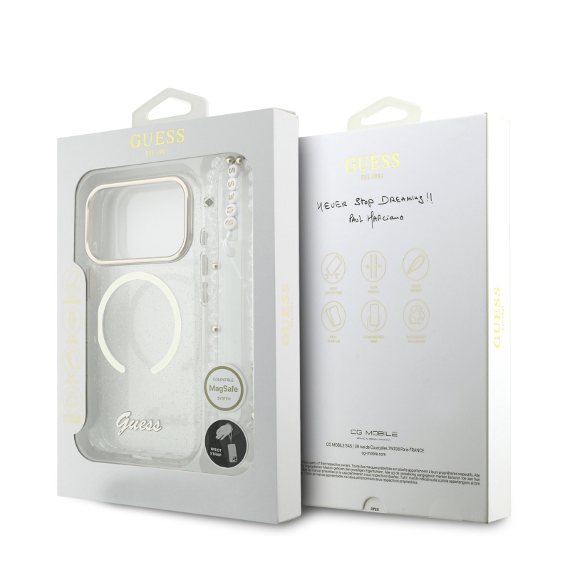 Guess IML Glitter Script Strap MagSafe zadný kryt pre iPhone 17 Pro Transparent