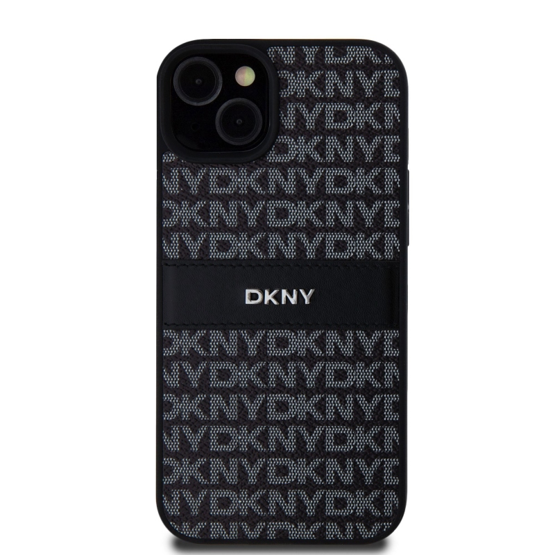 DKNY PU Leather Repeat Pattern Tonal Stripe Zadný Kryt pre iPhone 15 Plus Black