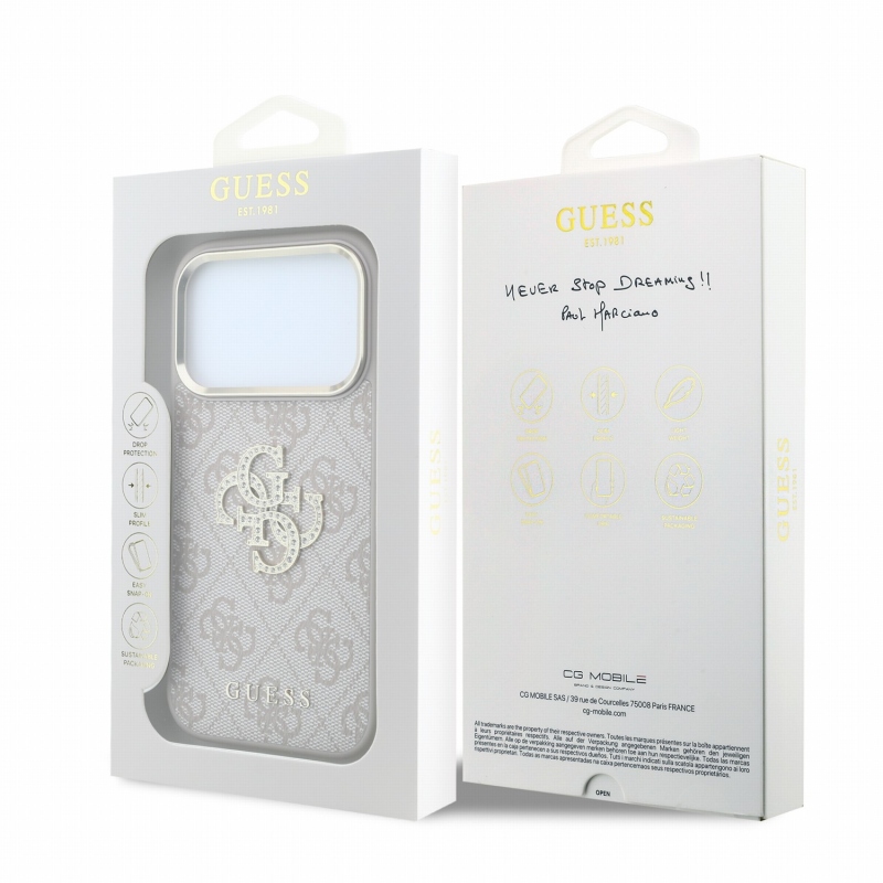 Guess PU 4G Strass Metal Logo Zadný kryt pre iPhone 18 Pro ružový