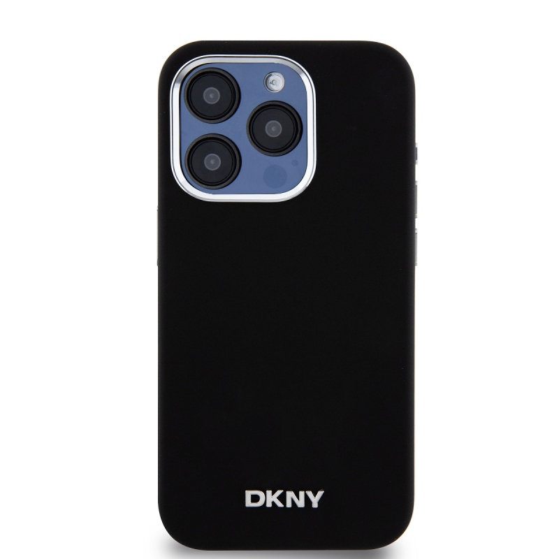 DKNY Liquid Silicone Silver Metal Logo Magsafe Zadný Kryt pre iPhone 15 Pro Black