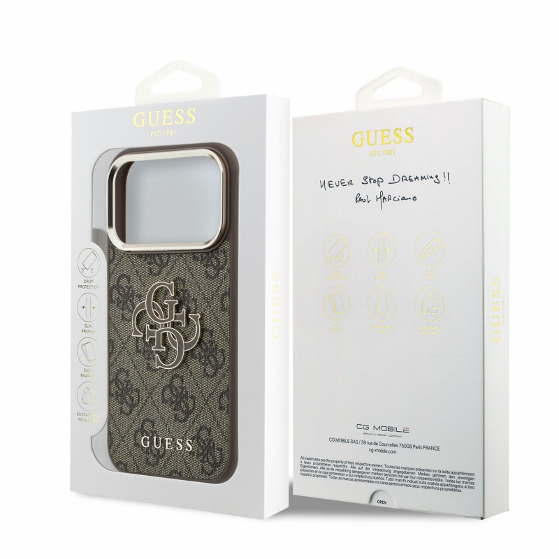 Guess PU 4G Resin Metal Logo – zadný kryt pre iPhone 18 Pro, hnedý