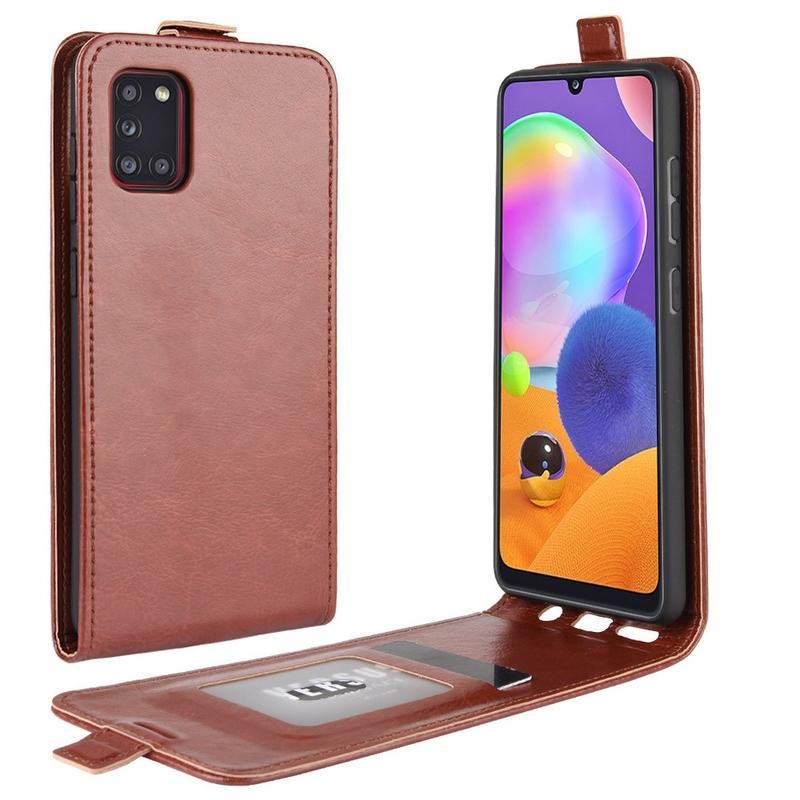 Vertical PU kožené flipové puzdro na mobil Samsung Galaxy A31 - hnedé