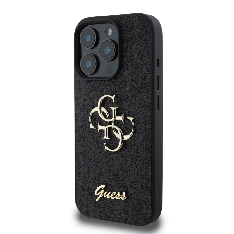 Guess PU Fixed Glitter 4G Metal Logo Zadný Kryt pre iPhone 16 Pro Max Black