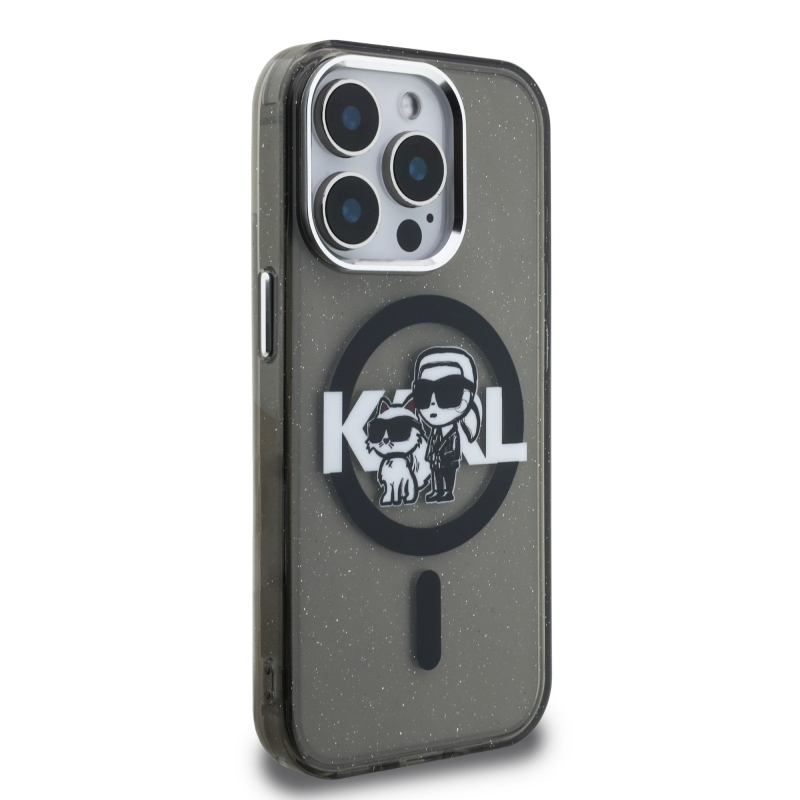 Karl Lagerfeld IML Glitter Karl and Choupette Sketch MagSafe Zadný Kryt pre iPhone 15 Pro Black