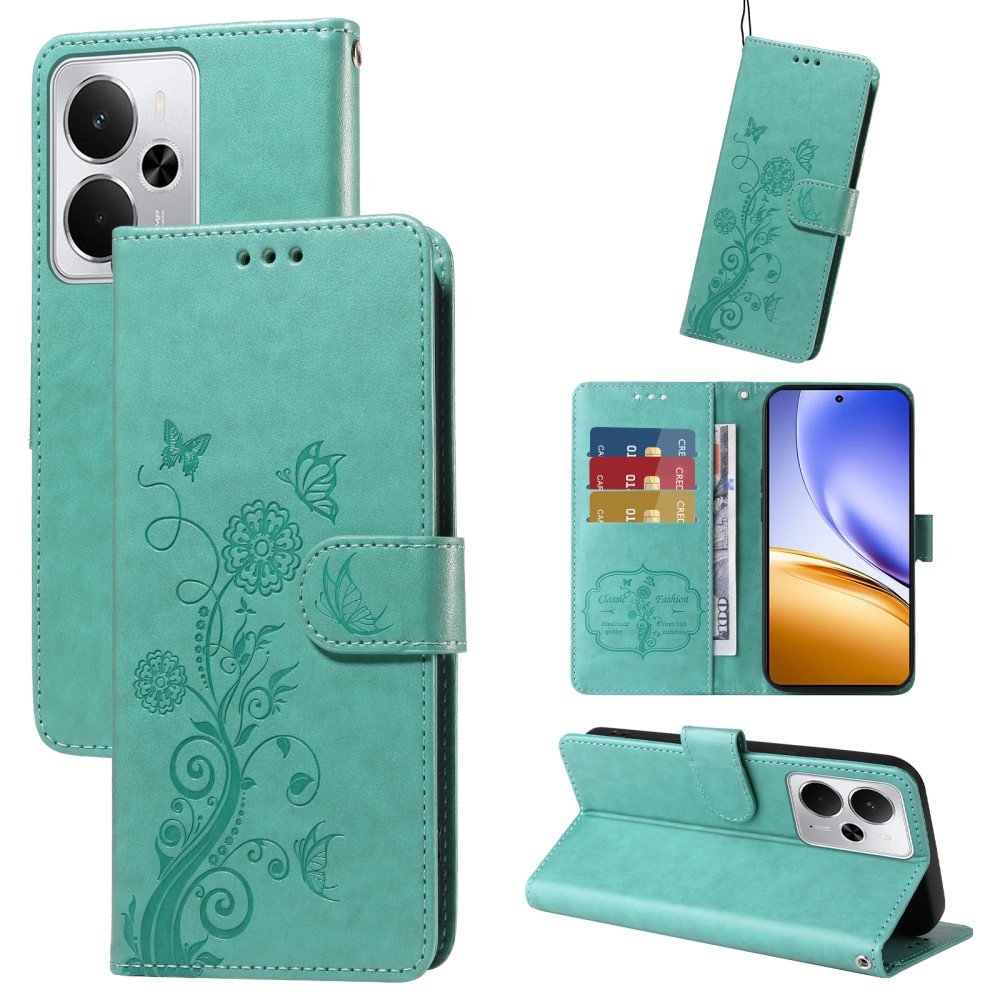 Flowery knižkové puzdro na Realme 14 5G - modrozelené