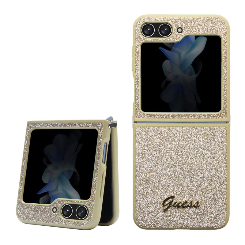 Guess PC/TPU Glitter Flakes Metal Logo Zadný Kryt pre Samsung Galaxy Z Flip 5 Gold