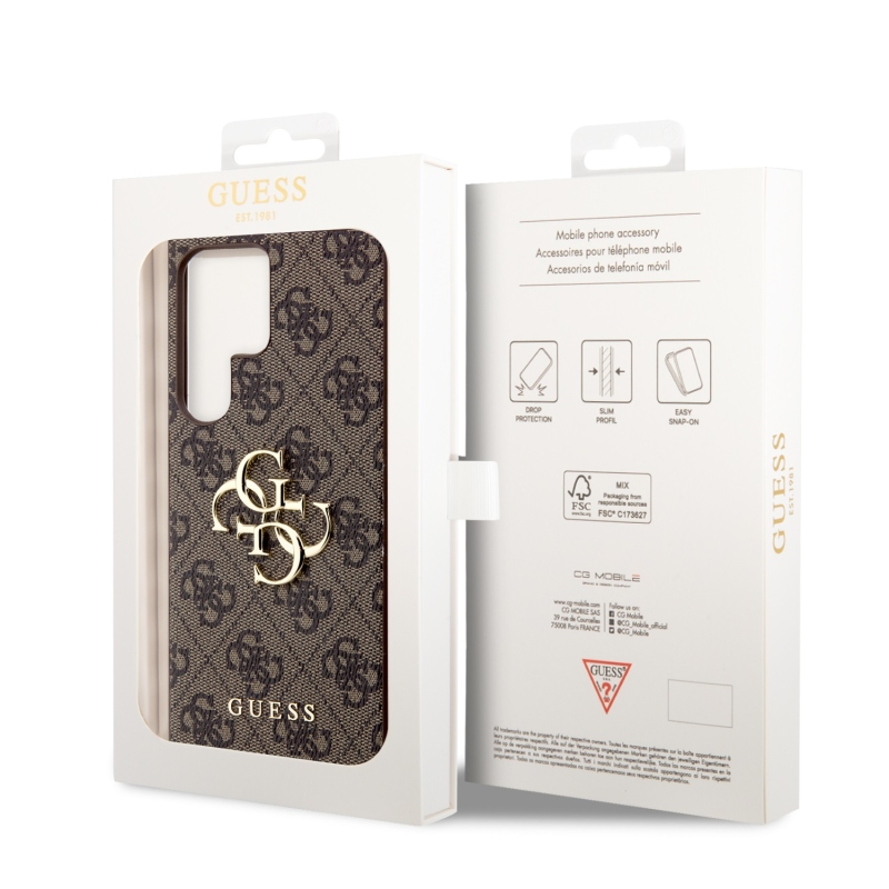 Guess PU 4G Metal Logo Zadný Kryt pre Samsung Galaxy S24 Ultra Brown