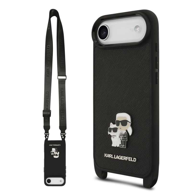 Karl Lagerfeld Saffiano Crossbody Strap Metal Karl and Choupette Zadný kryt pre iPhone Air Black
