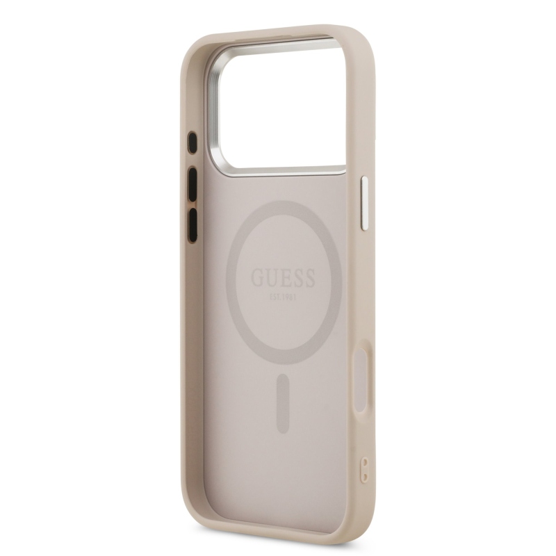 Guess PU kožený zadný kryt MagSafe s trojuholníkovým logom pre iPhone 17 Pro Pink