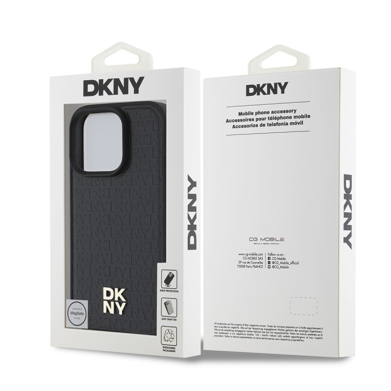 DKNY PU Leather Repeat Pattern Stack Logo MagSafe Zadný Kryt pre iPhone 16 Pro Black
