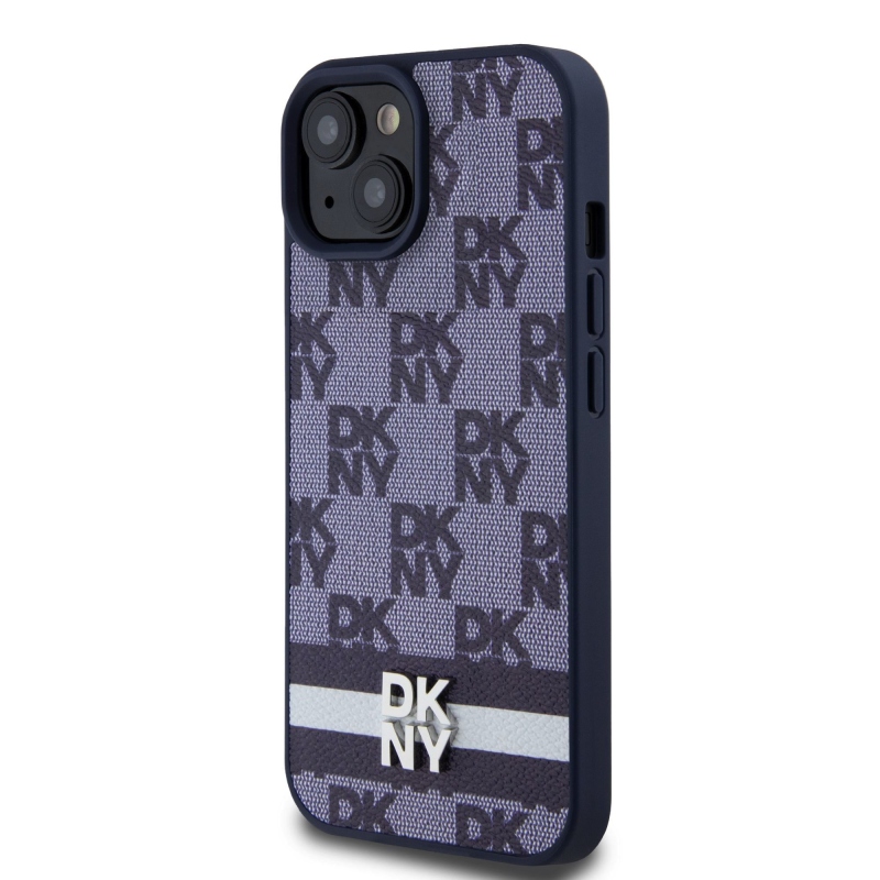 DKNY PU Leather Checkered Pattern and Stripe Zadný Kryt pre iPhone 15 Blue