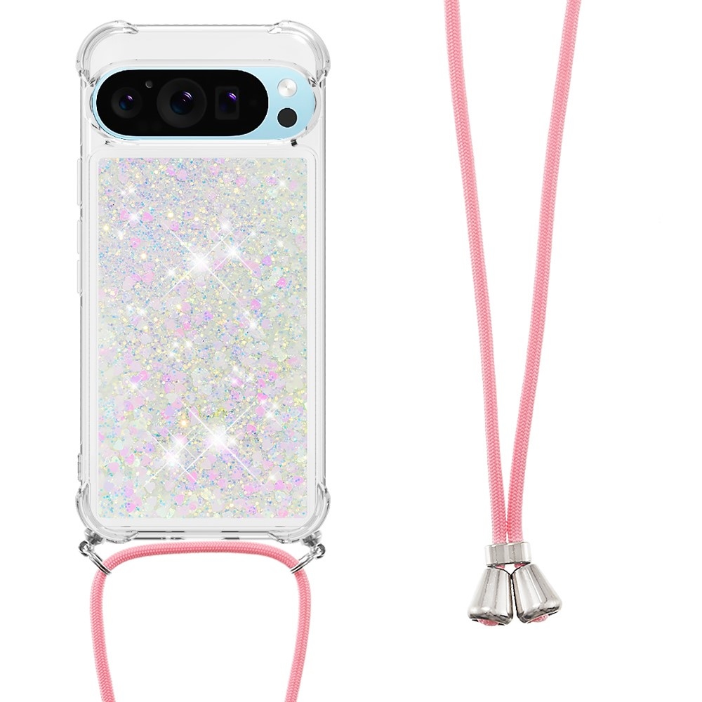 Glitters presýpací gélový obal so šnúrkou na Google Pixel 10 Pro/Pixel 10 - ružovostrieborný/srdiečka
