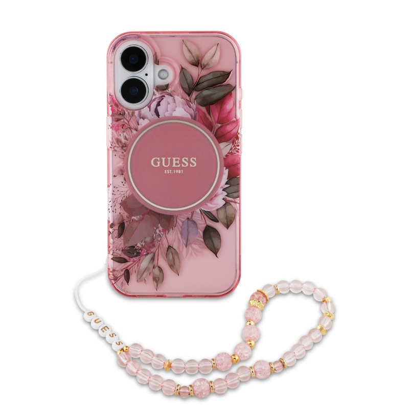 Guess IML Flowers Strap MagSafe zadný kryt pre iPhone 16 Plus Pink