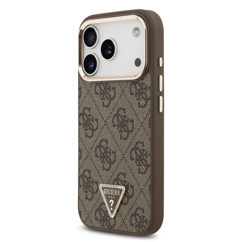 Guess PU kožený 4G štrasové trojuholníkové logo Gold Frame MagSafe zadný kryt pre iPhone 17 Pro Brown