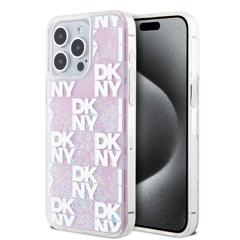 DKNY Liquid Glitter Checkered Pattern Zadný Kryt pre iPhone 15 Pro Max Pink