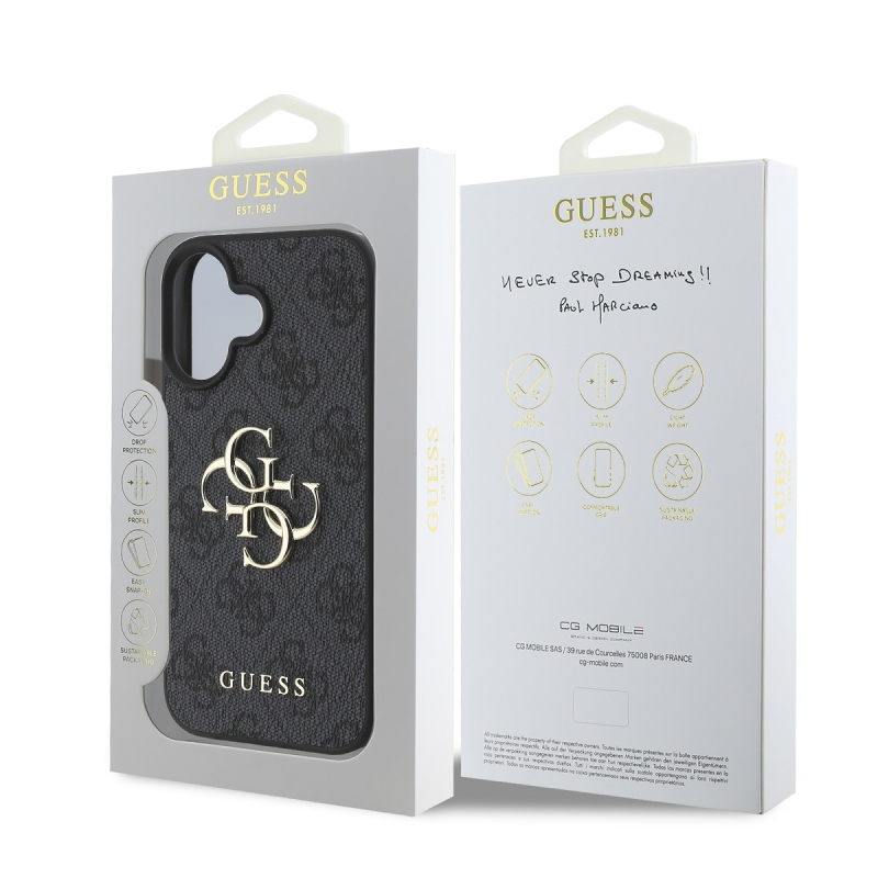 Guess PU 4G Metal Logo Zadný Kryt pre iPhone 16 Plus Grey