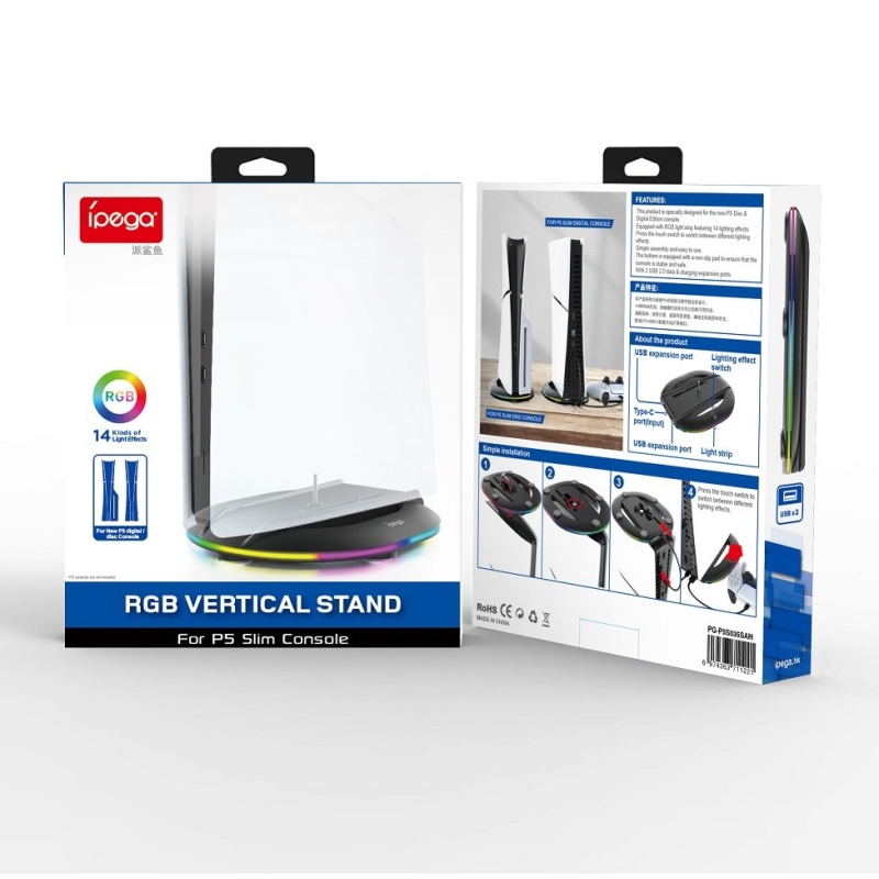 iPega P5S035SAH Vertikálny Stojan (2xUSB-A) s RGB pre PS5 Slim/PS5 Pro Black