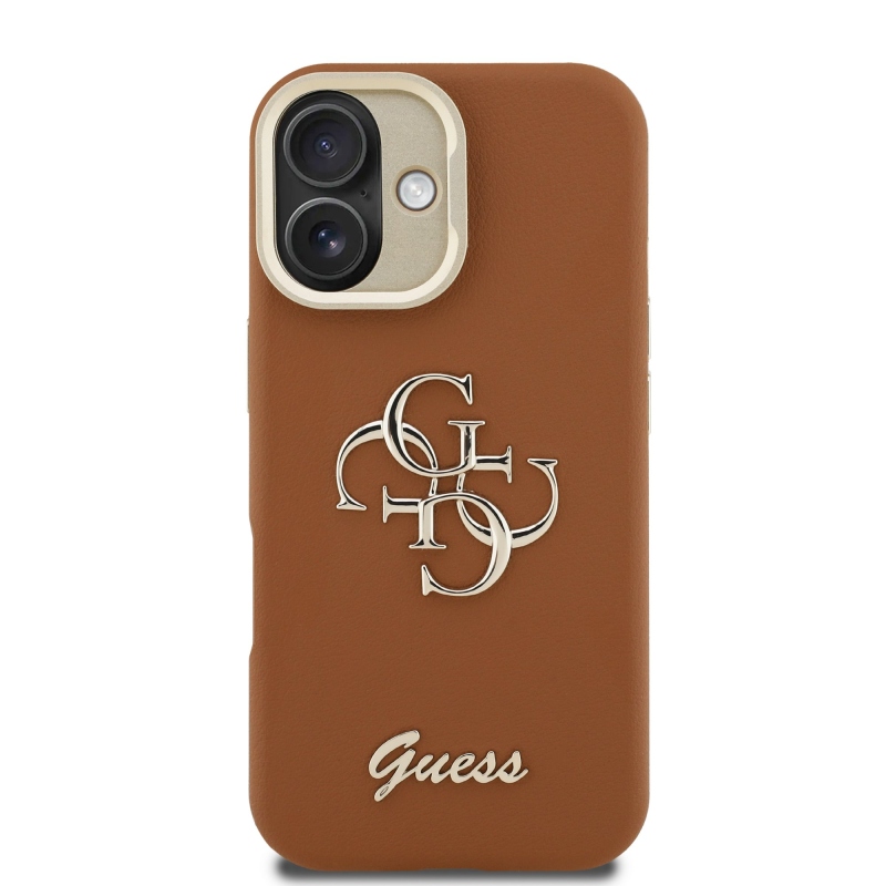 Guess PU Grained 4G Logo Stand Camera Frame Zadný Kryt pre iPhone 16 Brown