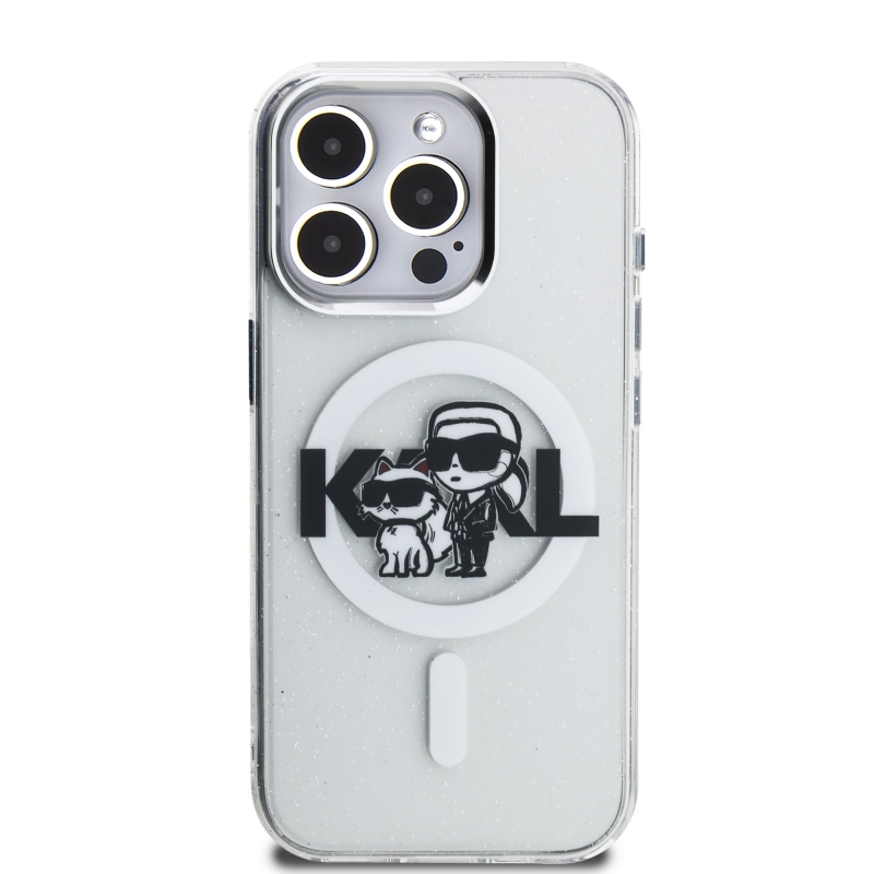 Karl Lagerfeld IML Glitter Karl and Choupette Sketch MagSafe Zadný Kryt pre iPhone 15 Pro Transparent