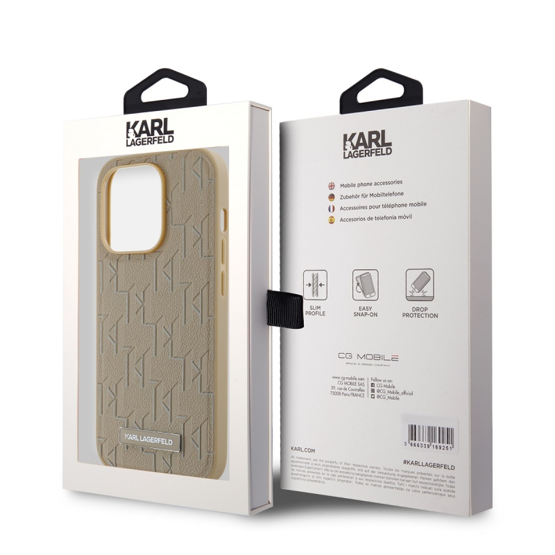 Karl Lagerfeld PU Leather Monogram Metal Logo Magsafe Zadný Kryt pre iPhone 15 Pro Max Beige