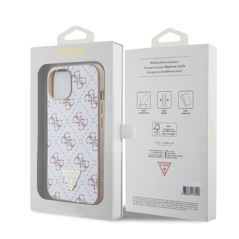 Guess PU Leather 4G Triangle Metal Logo Zadný Kryt pre iPhone 15 White