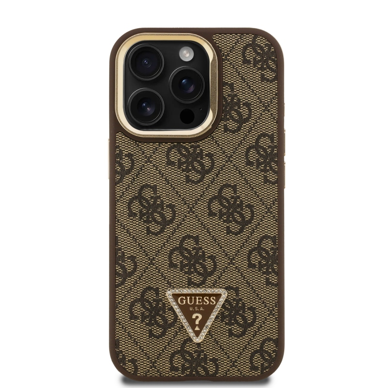 Guess PU 4G Strass Triangle Logo Stand Camera Frame MagSafe Zadný Kryt pre iPhone 15 Pro Max Brown