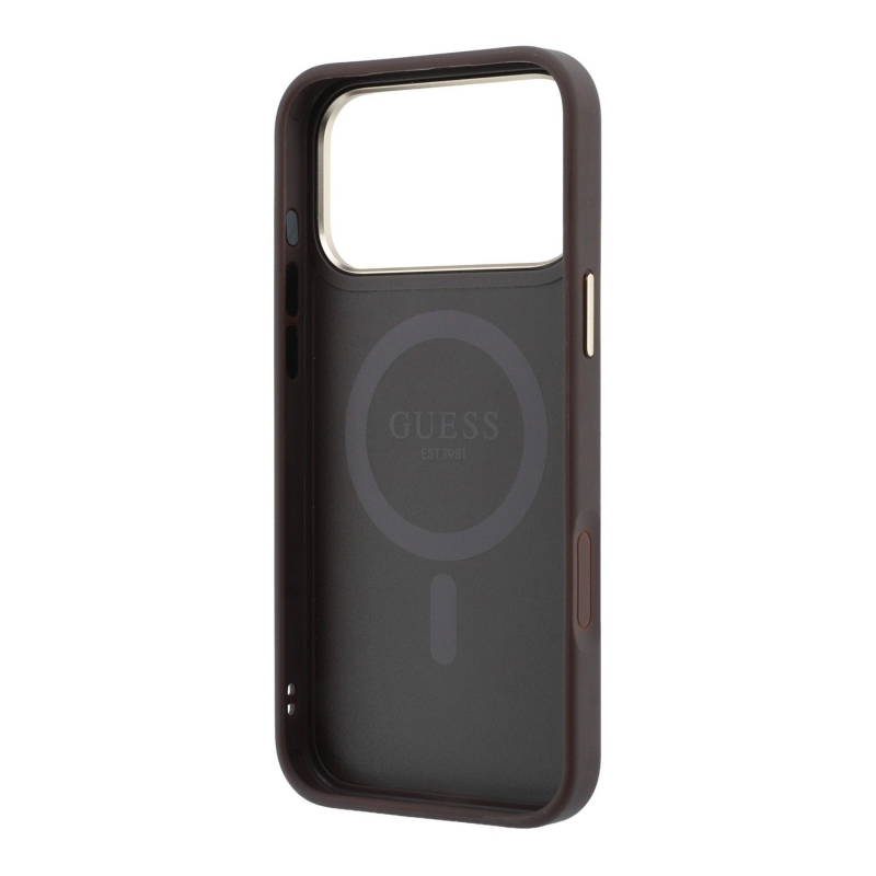 Guess PU 4G Ring Stand MagSafe zadný kryt pre iPhone 18 Pro, hnedý