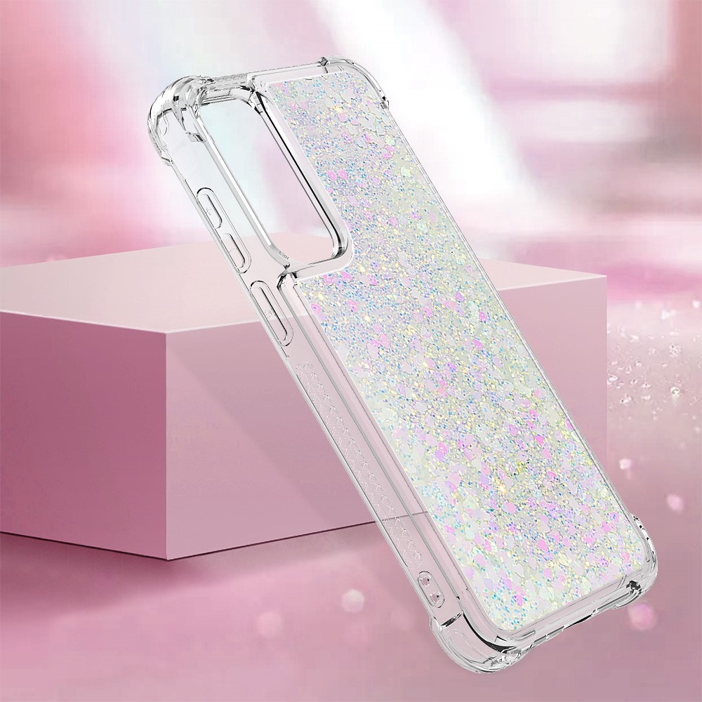 Glitter gélový presýpací obal na Samsung Galaxy A55 5G - ružovo strieborný/srdiečka