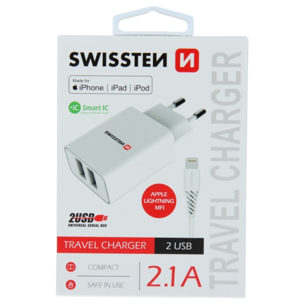Nabíjačka Swissten Smart IC 2x USB 2,1 A + kábel USB / Lightning 1,2 m - biela