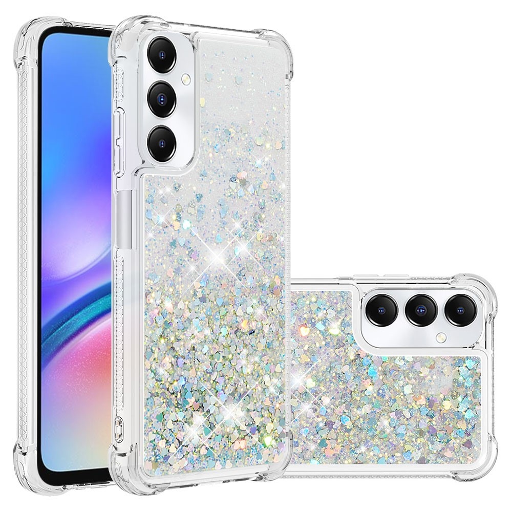 Glitter gélový presýpací obal na Samsung Galaxy A05s - strieborný/srdiečka