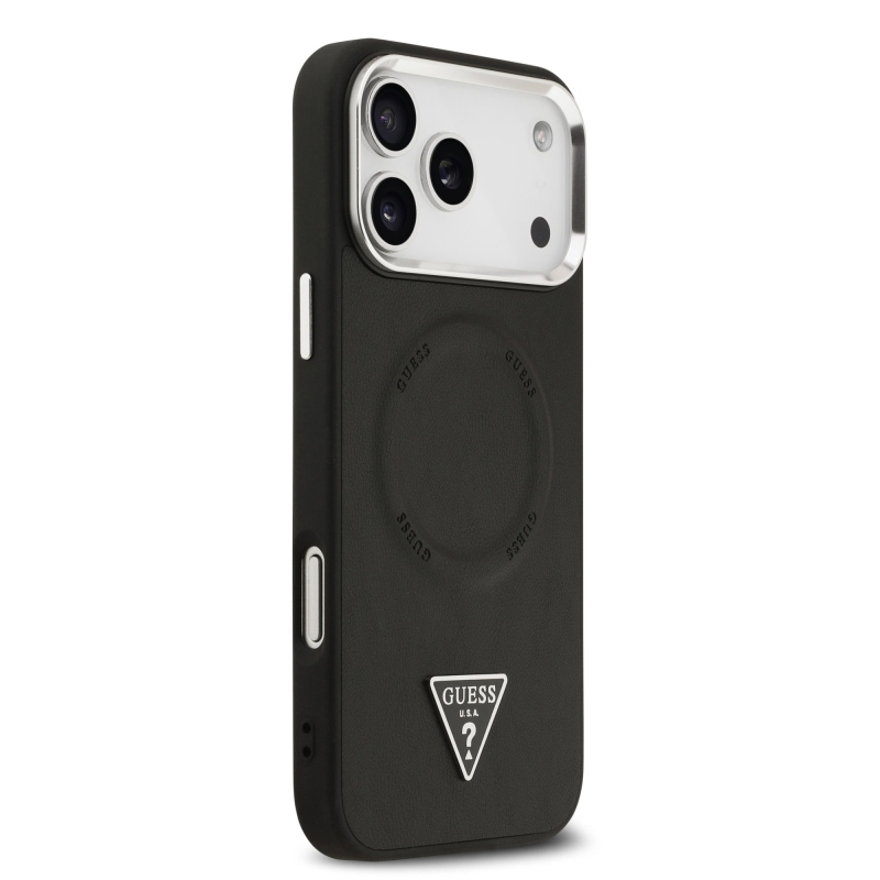 Guess PU kožený zadný kryt MagSafe s trojuholníkovým logom pre iPhone 17 Pro Black