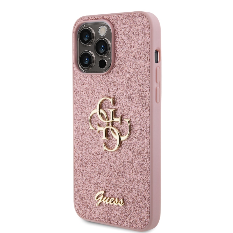 Guess PU Fixed Glitter 4G Metal Logo Zadný Kryt pre iPhone 15 Pro Max Pink