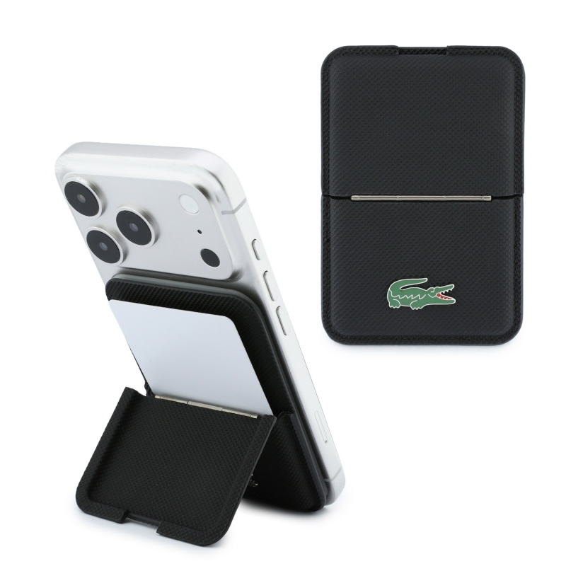 Peňaženka Lacoste PVC Iconic Petit Pique MagSafe so stojáčikom, čierna