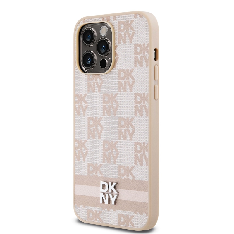 DKNY PU Leather Checkered Pattern and Stripe Zadný Kryt pre iPhone 15 Pro Max Pink