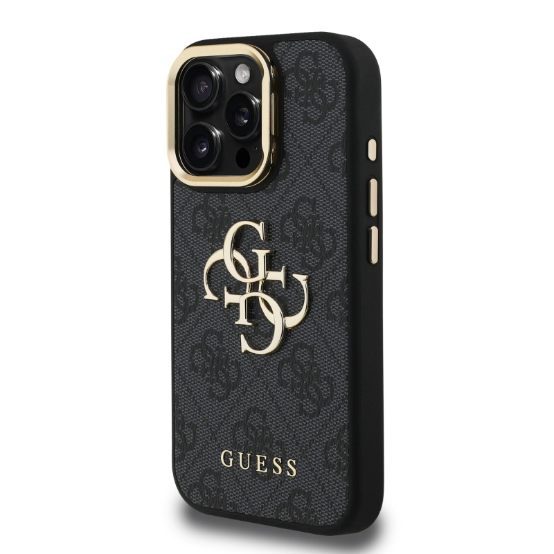 Guess PU 4G Metal Logo Stand Camera Frame Zadný Kryt pre iPhone 15 Pro Max Black
