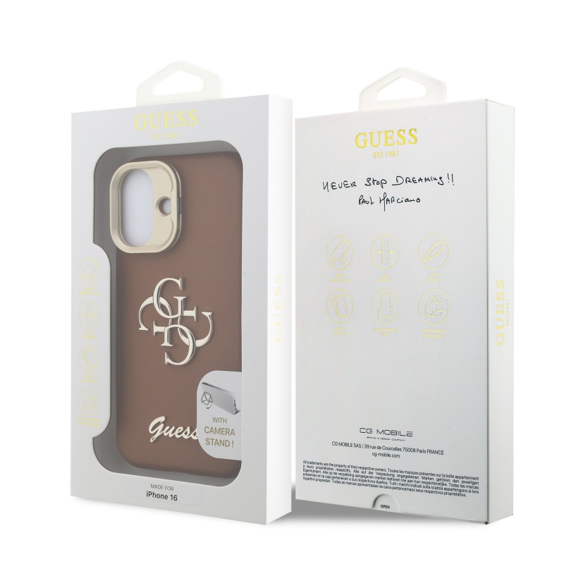 Guess PU Grained 4G Logo Stand Camera Frame Zadný Kryt pre iPhone 16 Brown