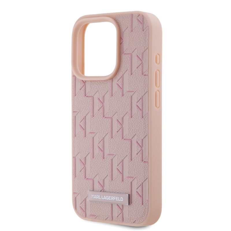 Karl Lagerfeld PU Leather Monogram Metal Logo Magsafe Zadný Kryt pre iPhone 15 Pro Max Pink