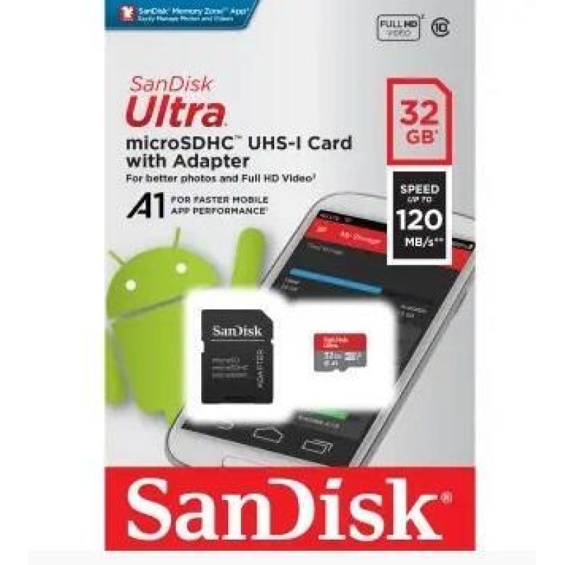 Vysokorýchlostná pamäťová karta SanDisk Ultra microSDHC 32 GB 120 MB/s A1 Class 10 UHS-I, Android vrátane SD adaptéra