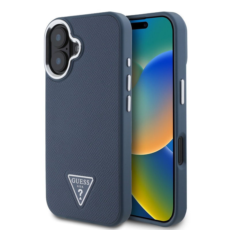 Guess PU Grained Triangle Logo Zadný Kryt pre iPhone 16 Blue