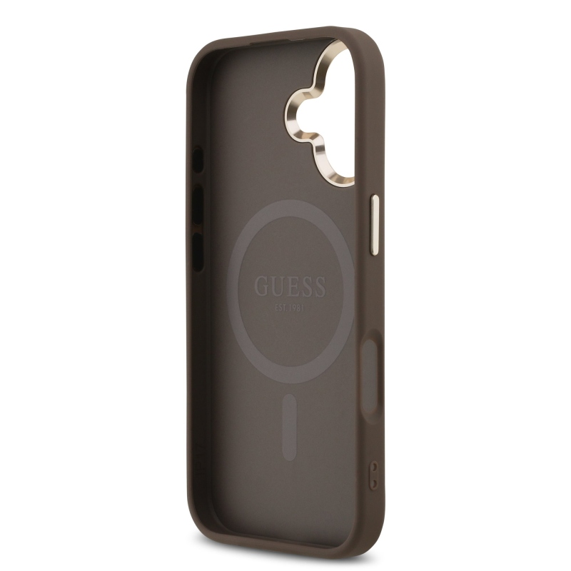 Guess PU kožený zadný kryt 4G Triangle Logo Gold Frame MagSafe pre iPhone 17 Brown